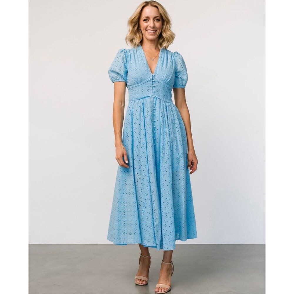 Light Blue Eyelet Midi Dress with Puff Sleeves